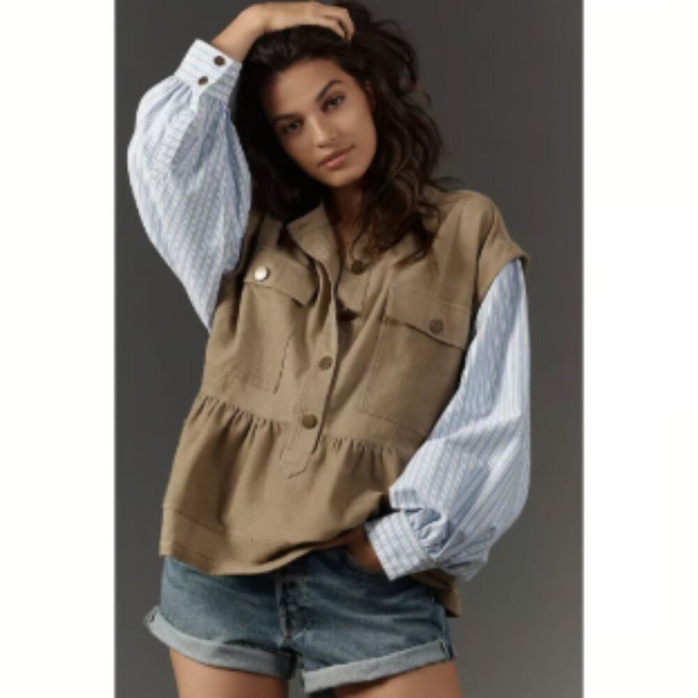Brand New Anthropologie Pilcro Button-Front Mixed Media Striped Long Sleeve Top